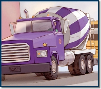 Large purple cement mixer truck.